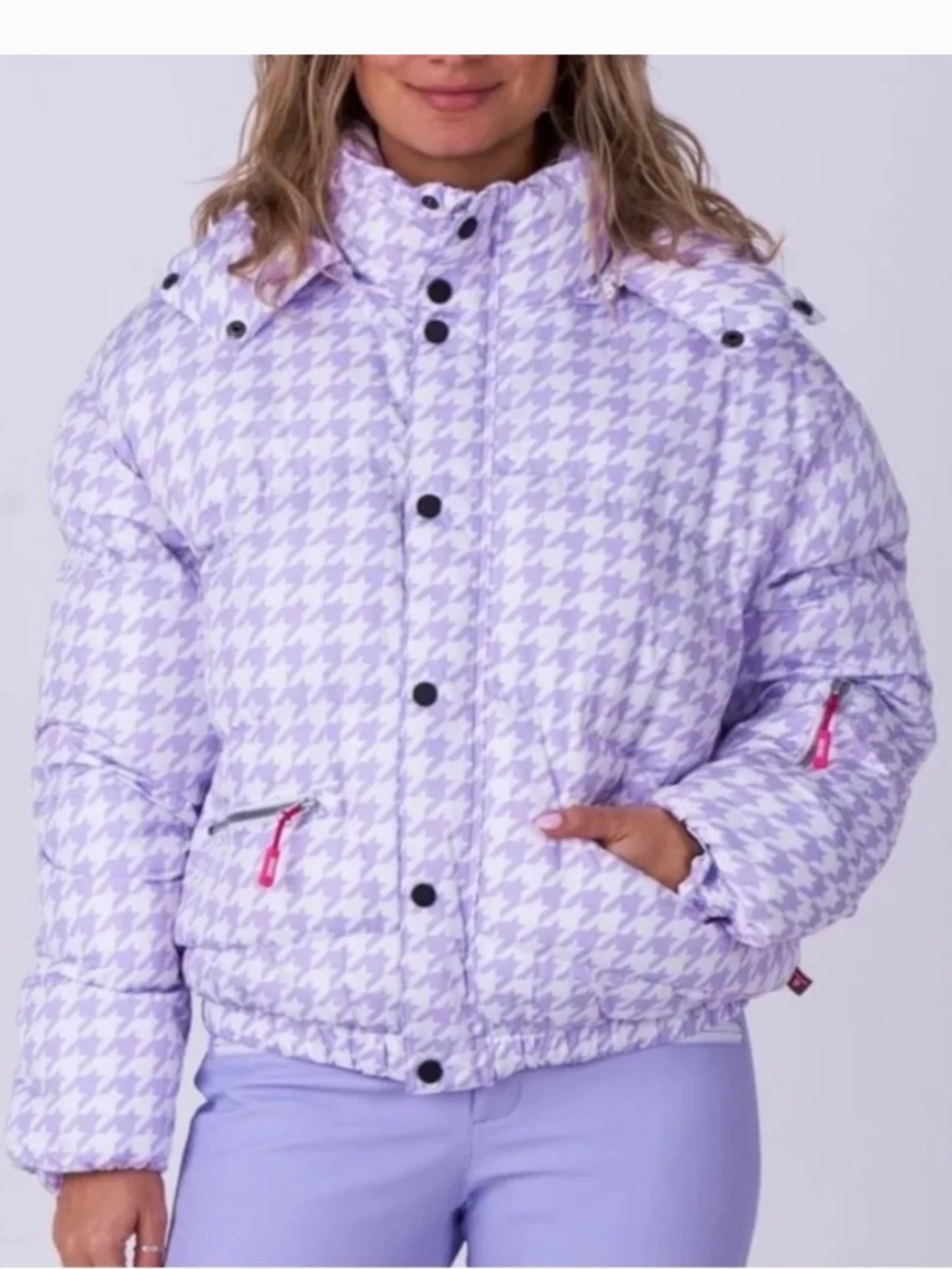 OOSC Clothing Small S purple white houndstooth chic  puffer jacket pink details